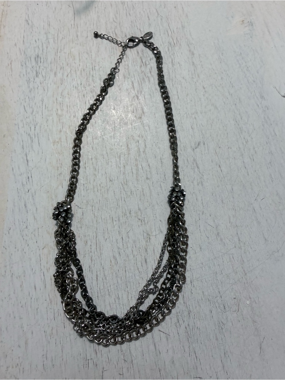 Layered Silver-Tone Multi-Chain gunmetal Necklace rhinestone clusters whimsigoth